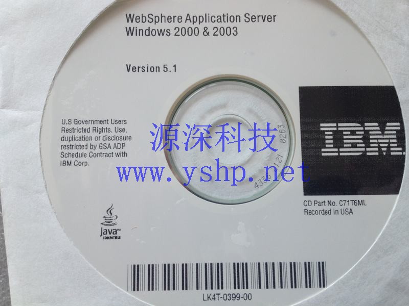 上海源深科技 IBM websphere application server windwos 2000 & w003 version 5.1 c71t6ml lk4t-0399-00 高清图片