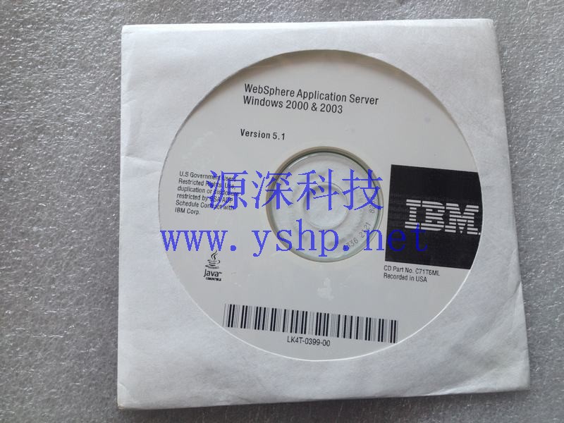 上海源深科技 IBM websphere application server windwos 2000 & w003 version 5.1 c71t6ml lk4t-0399-00 高清图片